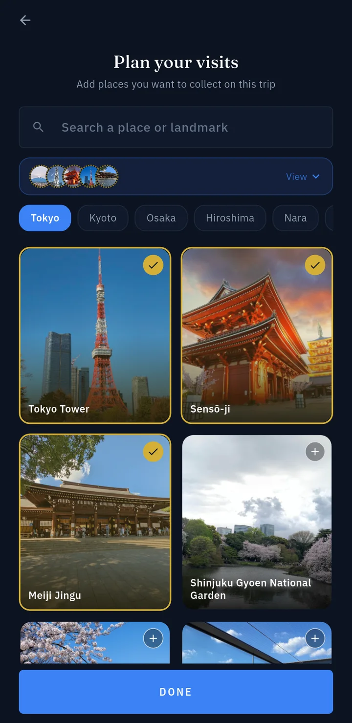 Planning a Tokyo trip in Travori, with Tokyo Tower, Senso-ji and Meiji Jingu picked
