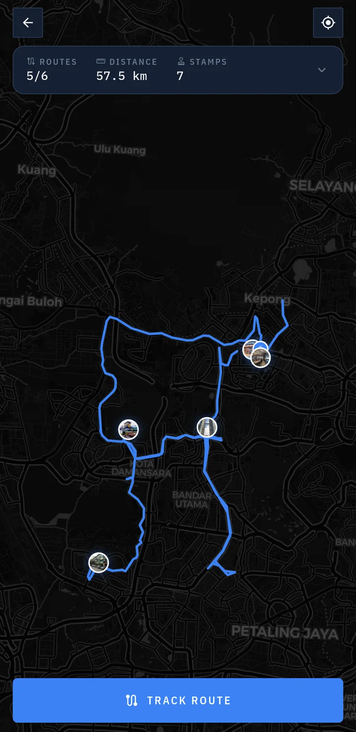 A trip route traced across a dark map with photos where each stamp was collected
