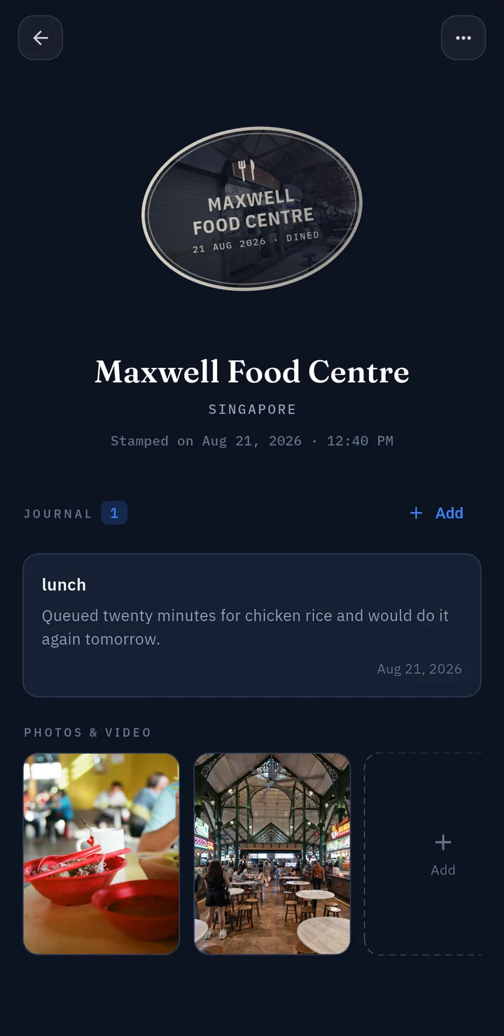 A Travori stamp for Maxwell Food Centre with a journal entry and photos