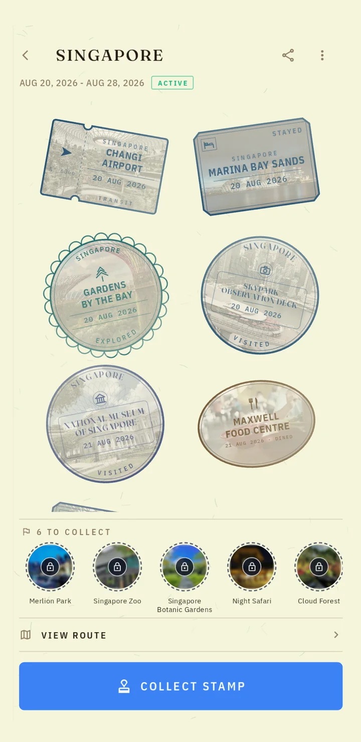 A Travori trip page covered in stamps from Singapore